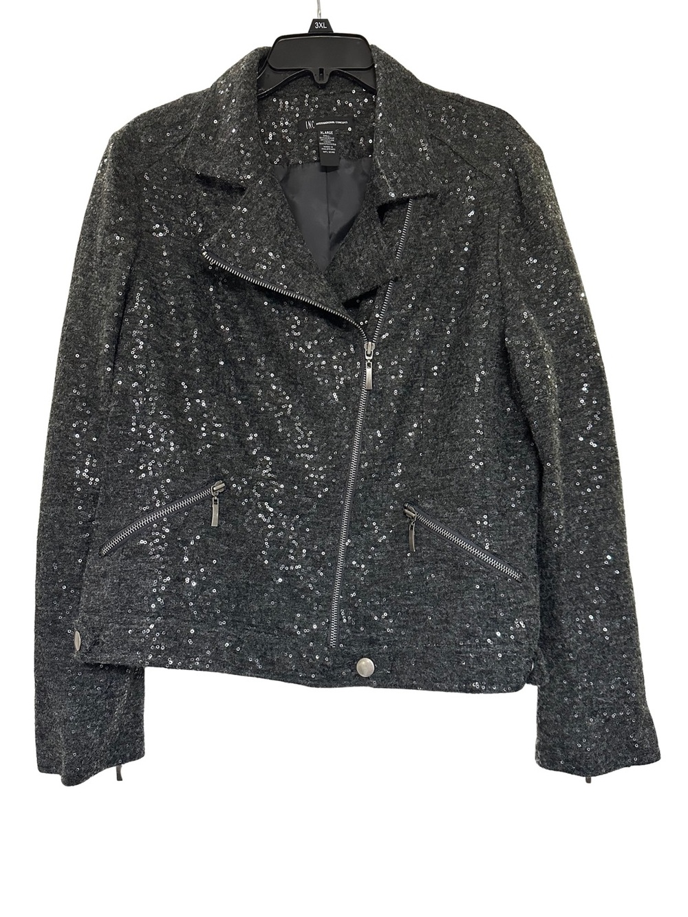 INC International Concepts Sequin Moto Jacket, Charcoal Grey, Sz XLarge